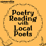 A black print floral wreath with an orange background, with the words "Poetry Reading with Local Poets" centered inside.