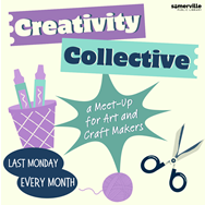 Illustrations of craft notions in the background, with a title on top. Transcript: Creativity collective - a meetup for arts and crafts makers. Occurring on the last monday of every month. 