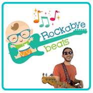 An icon of a baby having fun with a little drum in front of a turquoise guitar, and an image of a man in sunglasses playing guitar, with the event title "Rock-a-bye Beats" stylized on top.
