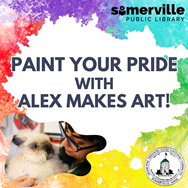 A rainbow spectrum of colors featuring a photo of Alex and their pet rabbit with the title "Paint your Pride with Alex Makes Art" on top.