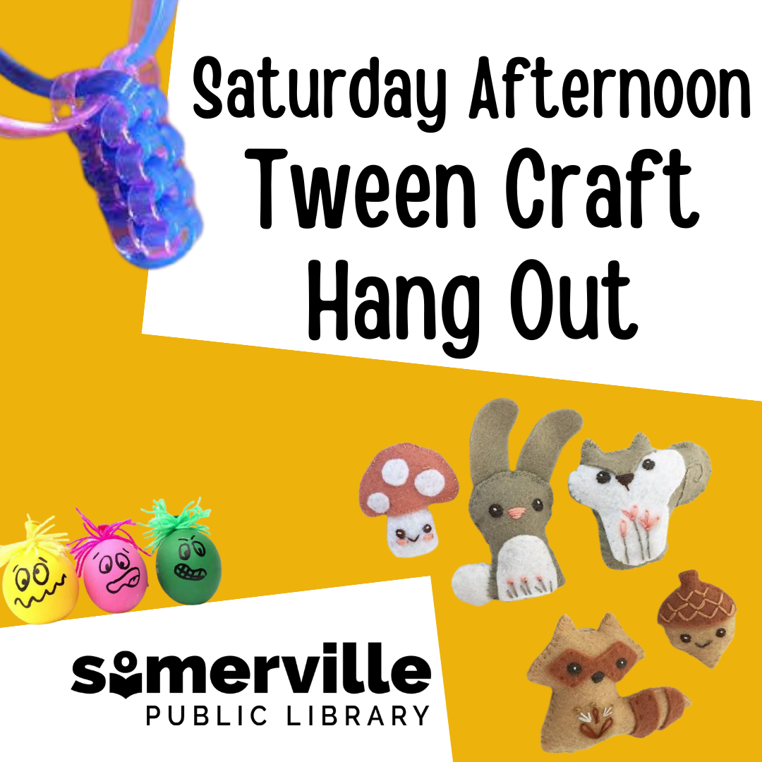 Various simple crafts featured on top of an orange background, with the title "Saturday Afternoon Tween Craft Hang Out" on top.