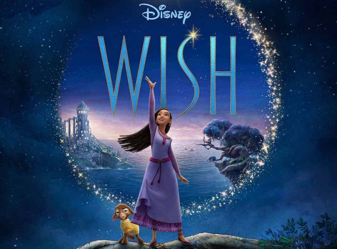 Movie poster for Disney's "Wish", featuring a young woman and a goat surrounded by a circle of stardust