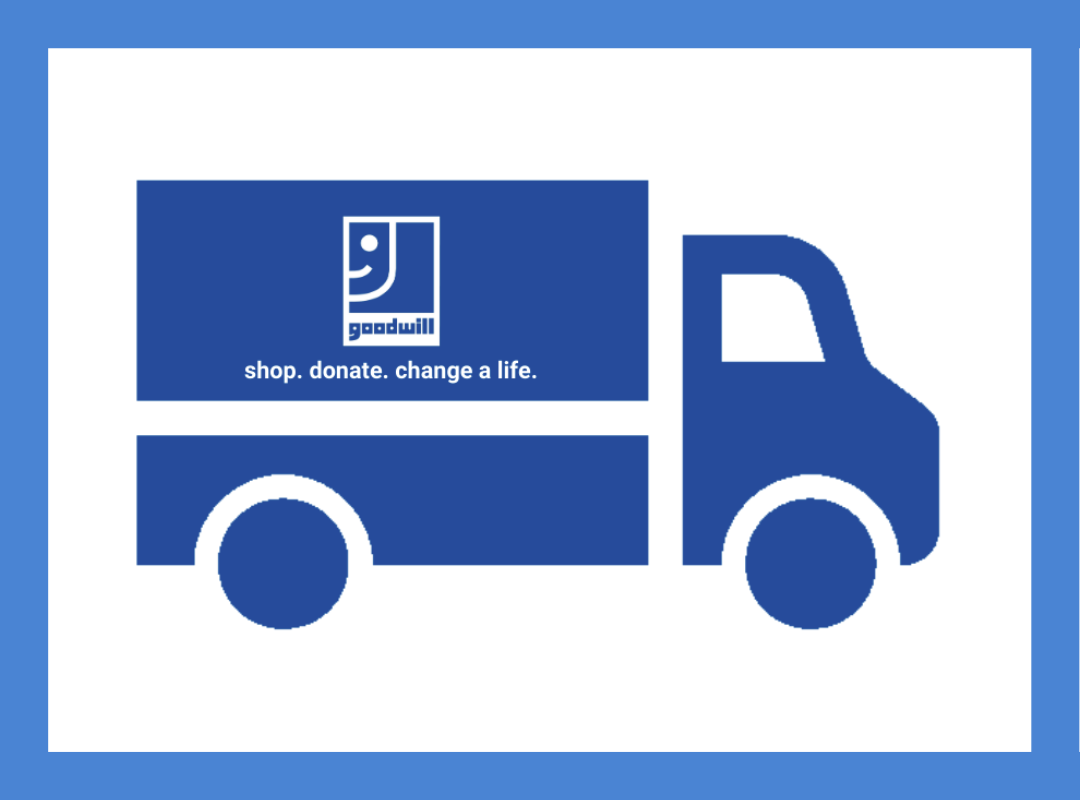 Illustration of a truck bearing the Good will logo (a qu