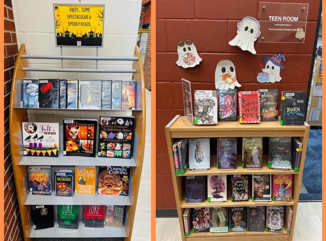 Photograph of book displays near reference and the teen room of spine-tingling reads