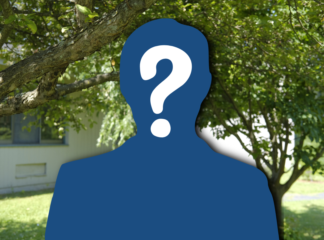 A silhouette of a person, with a big white question mark. Behind the silhouette is a portion of the library's garden.