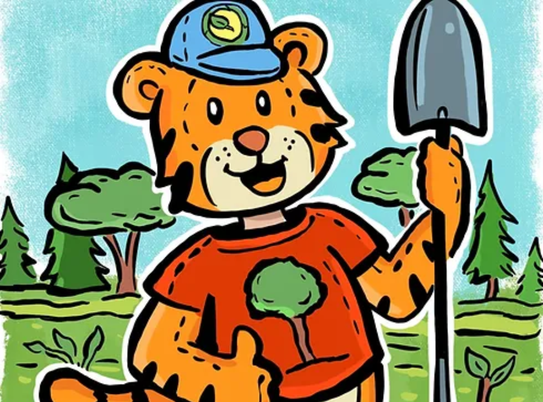 A cartoon image of an anthropomorphic tiger wearing a baseball cap and shirt, holding a spade and ready to garden