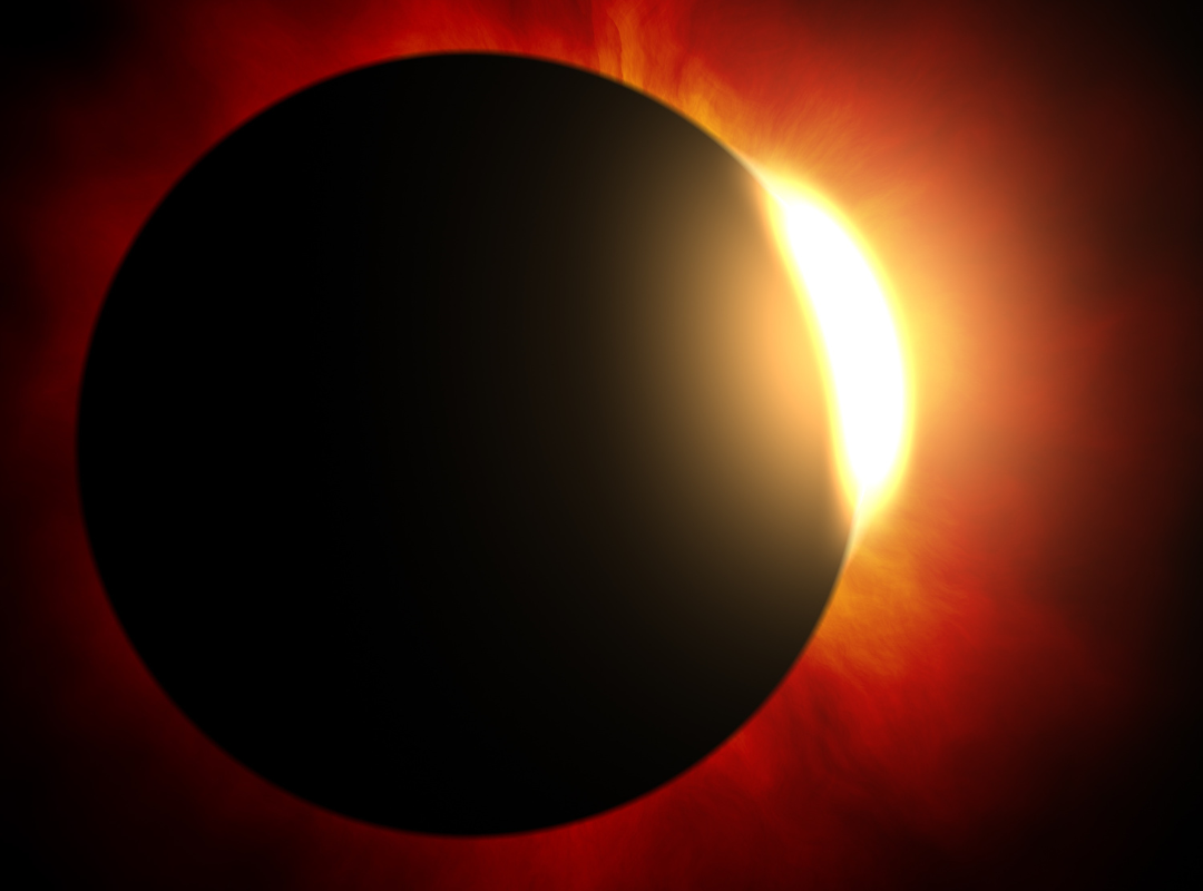 Image showing solar eclipse, with the sun peeking out from behind the dark disk of the moon.