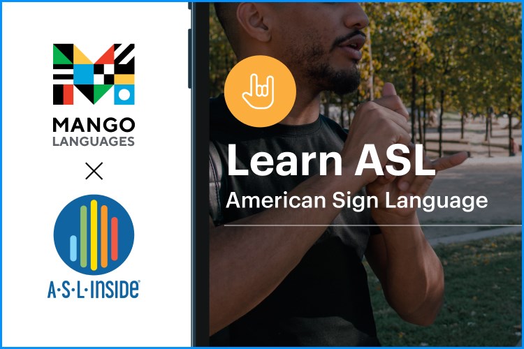 A promotional image for a collaboration between Mango Languages and ASL Inside. Alongside the two company logos is an image of a man using sign language, with the text "Learn ASL: American Sign Language"