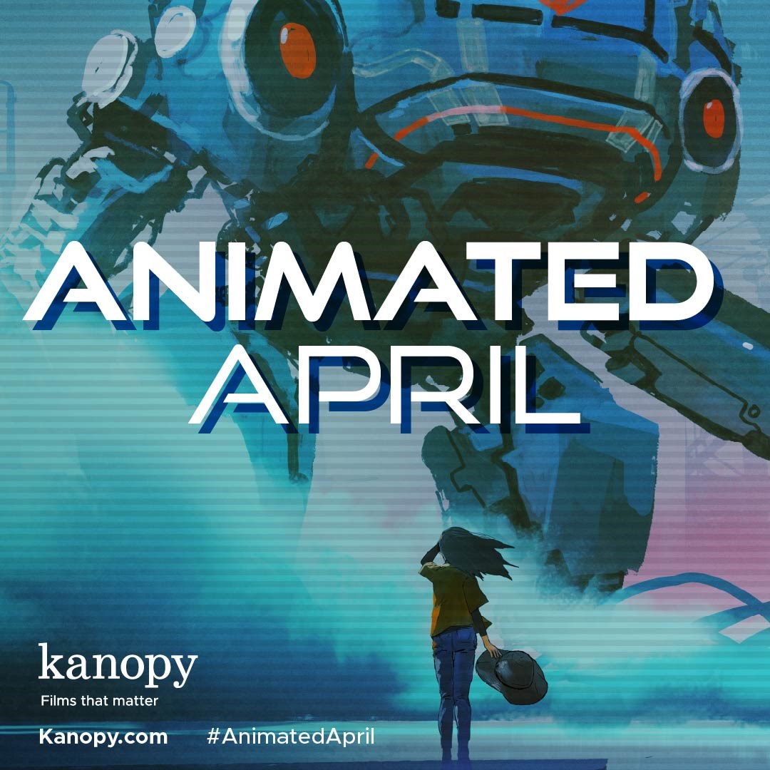 Stylized cartoon image of a person standing before a towering robot. The text reads "Animated April"