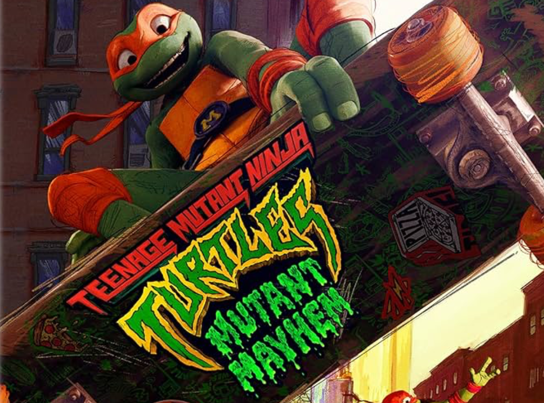 Movie poster for the Teenage Mutant Ninja Turtles: Mutant Mayhem movie, depicting one of the titular ninja turtles on a skateboard decorated with the title of the movie.