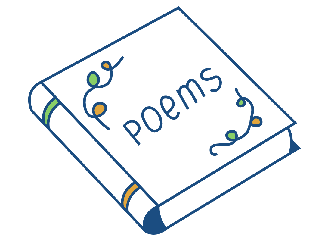Illustration of a book with the word "Poems" written on the cover, decorated with swirls.