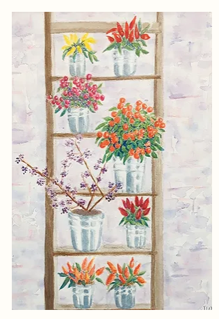 Photograph of watercolor with flower pots on ladder
