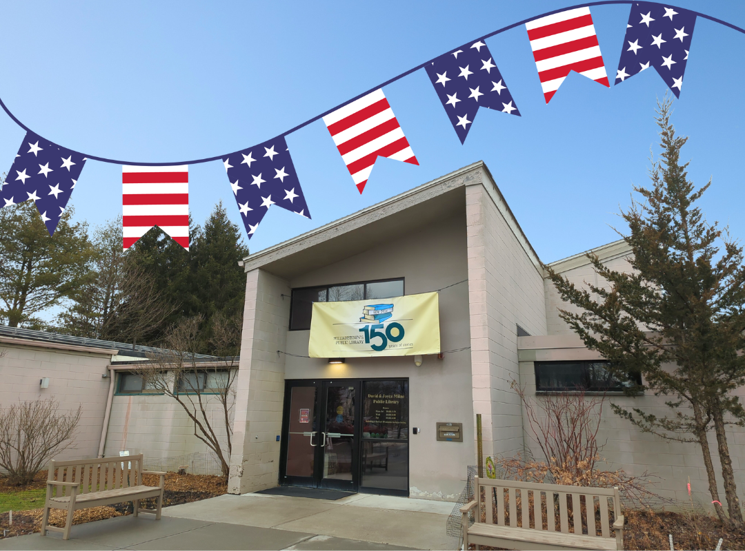 A photograph of the Milne Public Library with an illustration of american flags waving overhead.
