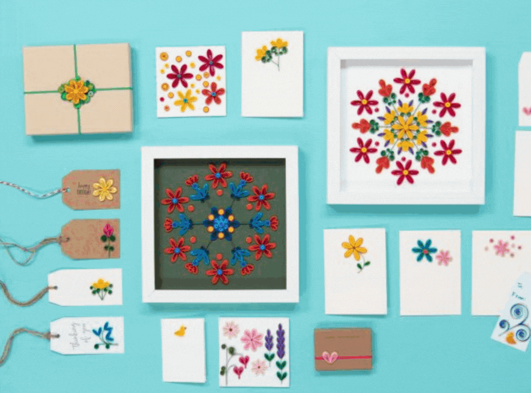An animated GIF rotating between photos of craft projects available in Creativebug, including paper quilling, upcycled children's clothes, earrings, and hand