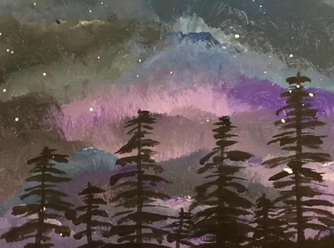A painting of a night sky - trees silhouetted against hues of purple, blue and black.