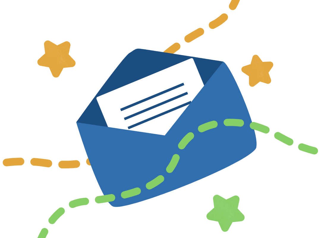 Blocky illustrated image of an letter in a blue envelope, surrounded by green and orange dotted lines and stars