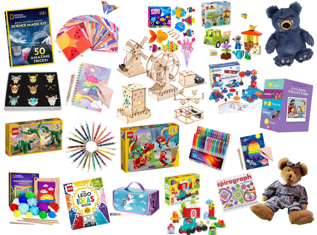 A selection of children's toys as examples of prizes for our children's summer reading program, including teddy bears, LEGO, art supplies, and more