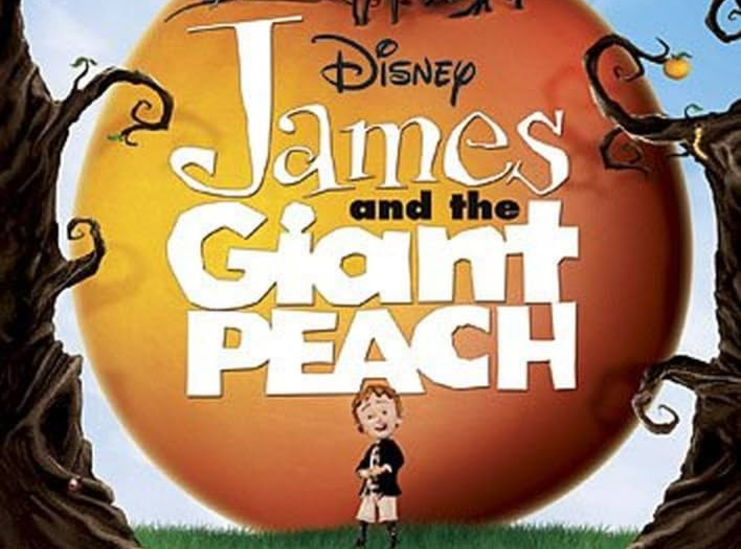 Movie poster for James and the Giant Peach, depicting the titular James standing in front of the titular giant peach.