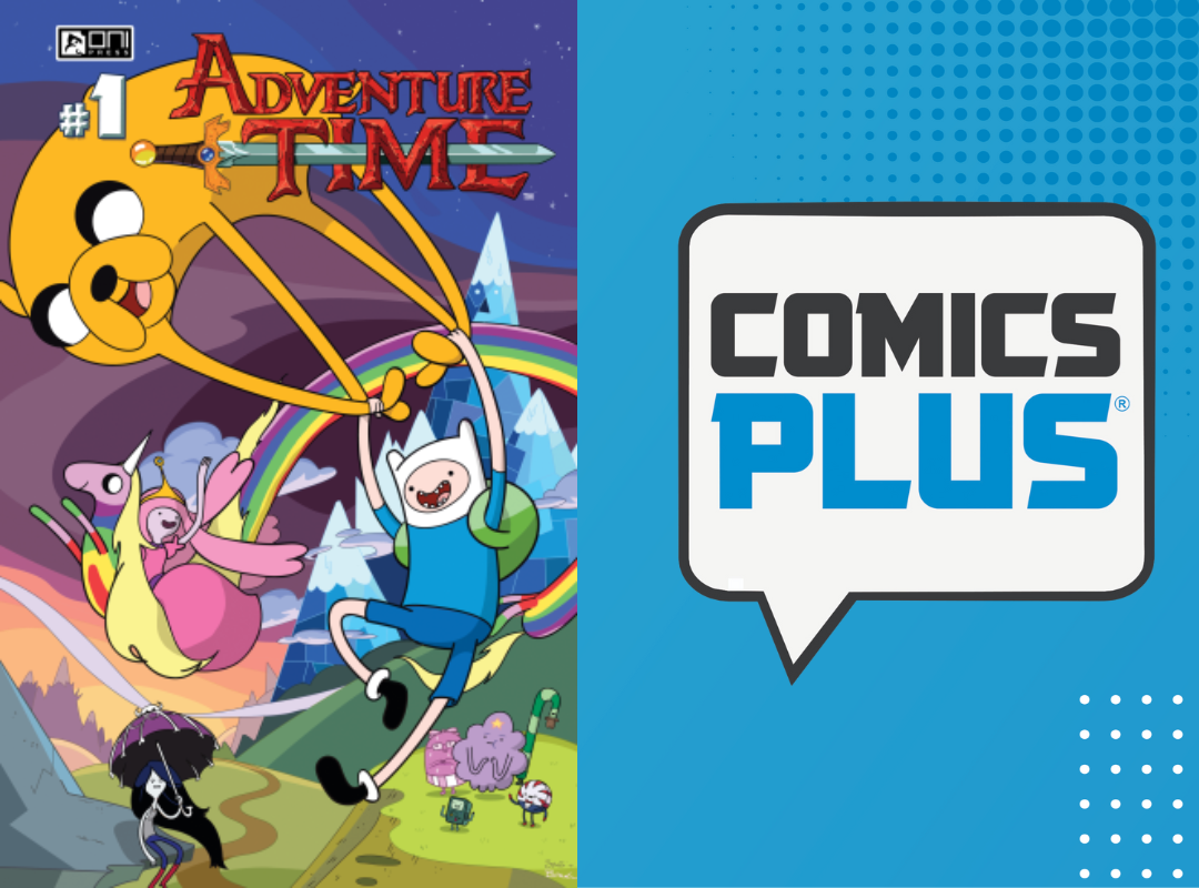 The cover of the first volume of the Adventure Time comic, alongside the Comics Plus logo