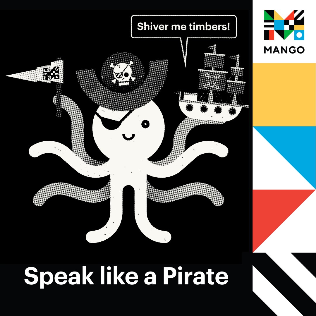 An illustration of an octopus wearing a pirate's hat, with the text "Speak like a Pirate"
