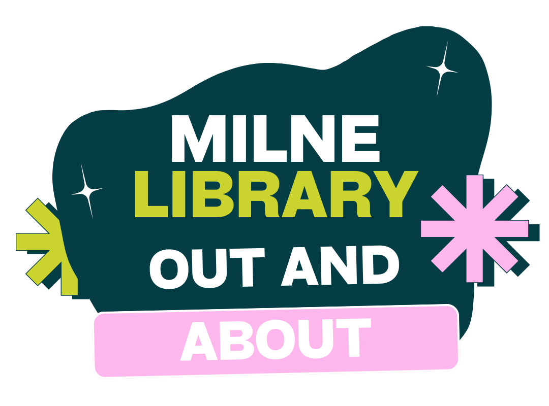 Logo for Milne Library Out and About, with green and pink colours.