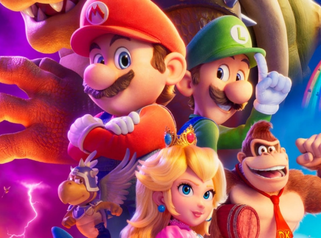 Movie poster for The Super Mario Bros Movie, depicting Mario, Luigi, Princess Peach, Donkey Kong, Bowser, and his minions. 
