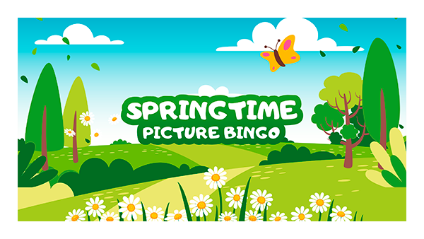 Butterfly, daisies, blue sky, clouds, trees and green grass. Image text, ’Springtime Picture Bingo’