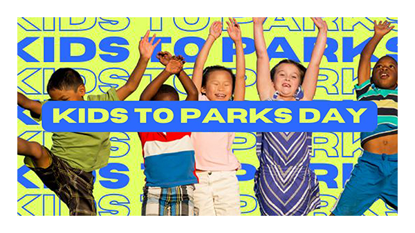 Five kids jumping into the air excited. Image text, ‘Kids to Parks Day