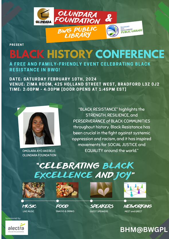 Black History Conference poster with text on green background: Black History Conference, Sat. Feb. 
Saturday February 10, 2 - 4 p.m.
Celebrating Black Excellence and Joy