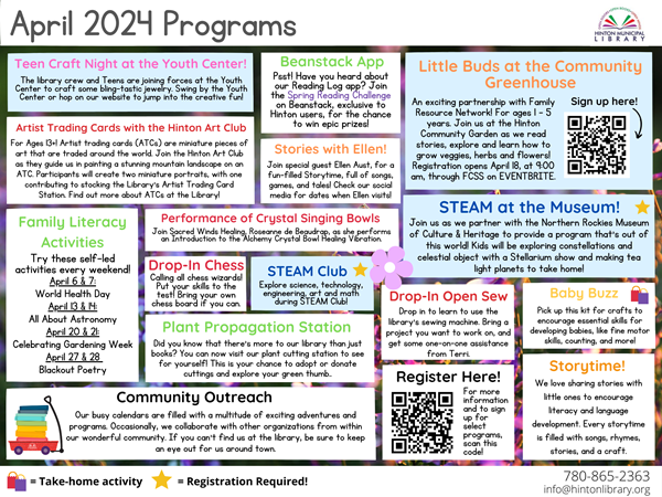 A description of the events at the Hinton Municipal Library in January 2024. For a more accessible version, please visit hintonlibrary.org/events or click the link below.