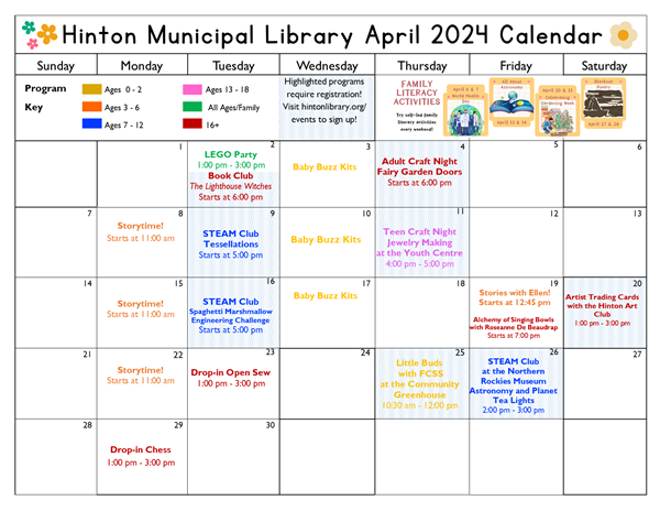 Hinton Municipal Library January 2024 Calendar. For a more accessible version, please visit hintonlibrary.org/events. 