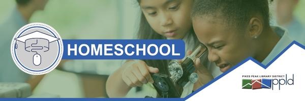 Two children take turns looking through a microscope. Text reads “Homeschool.