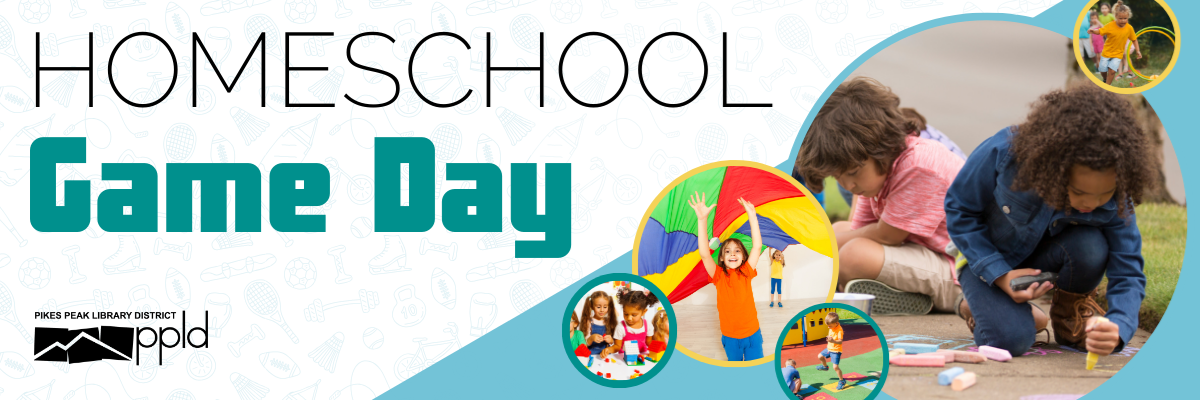 The title "Homeschool Game Day" is accompanied by images of children playing with a parachute, drawing with chalk, and other outdoor activities.