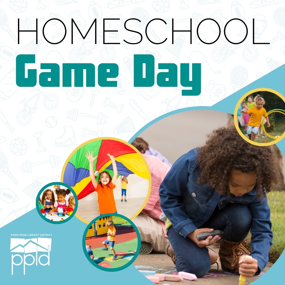 The title "Homeschool Game Day" is accompanied by images of children playing with a parachute, drawing with chalk, and other outdoor activities.