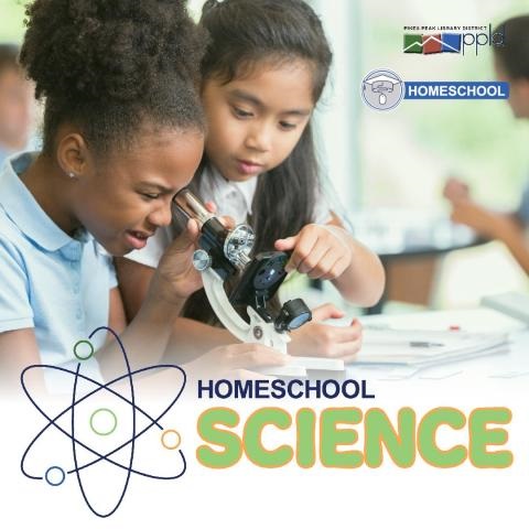 The title, "Homeschool Science," is accompanied by two girls; one looking through a microscope.