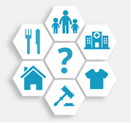 Graphic showing various symbols such as food, questions, law, housing, etc.