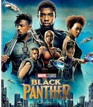 Poster art from movie Black Panther showing cast imposed over city scene