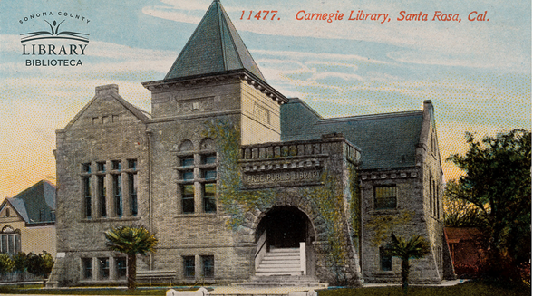 Virtual Zoom Background of postcard of Carnegie Library, Santa Rosa.