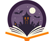 An open book with a spooky mansion, bats flying, and a full moon coming out of it.