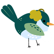 cartoon bird in shades of green wearing ear muffs.