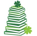 Stack of green books surrounded by four-leaf clovers.