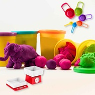 Image depicts play-doh containers with play-doh balls and a play-doh elephant in front of the containers.  There is a toy scale in the front left corner.