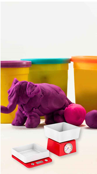 image of play-doh containers.  In front of them is a purple elephant made of play-doh and two toy scales.
