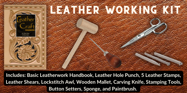 Our Library of Things includes a leather working kit, complete with Basic Leatherwork Handbook, hole punch, 5 stamps, shears, lockstitch awl, wooden mallet, carving knife, stamping tools, button setters, sponge, and paintbrush!