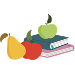Various fruits and a stack of books.