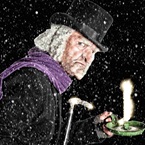 image of scrooge holding a lit candle. Snow falls behind him in a black sky.