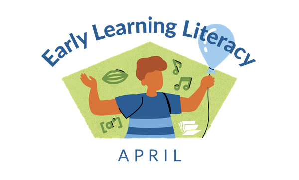 Early Learning Literacy - April. Boy holding balloon surrounded by symbols.