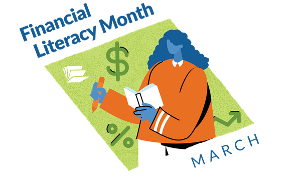 Financial Literacy Month - March. Woman holding a book and pen surrounded by math symbols.
