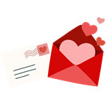 Red envelope surrounded by hearts and heart-shaped postage items.