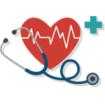 Stethoscope, green cross symbol, and heart with a heartbeat line within its shape.
